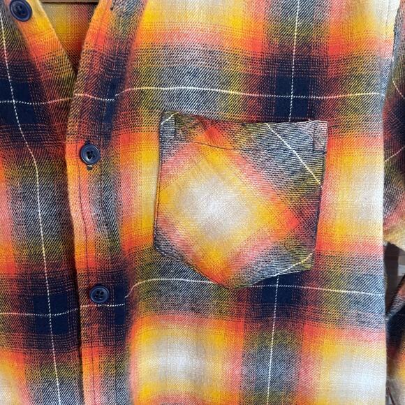 Nomad Orange Navy Plaid Flannel Button Up Waffle Knit Hood Mens MED Fall Casual - Picture 7 of 8